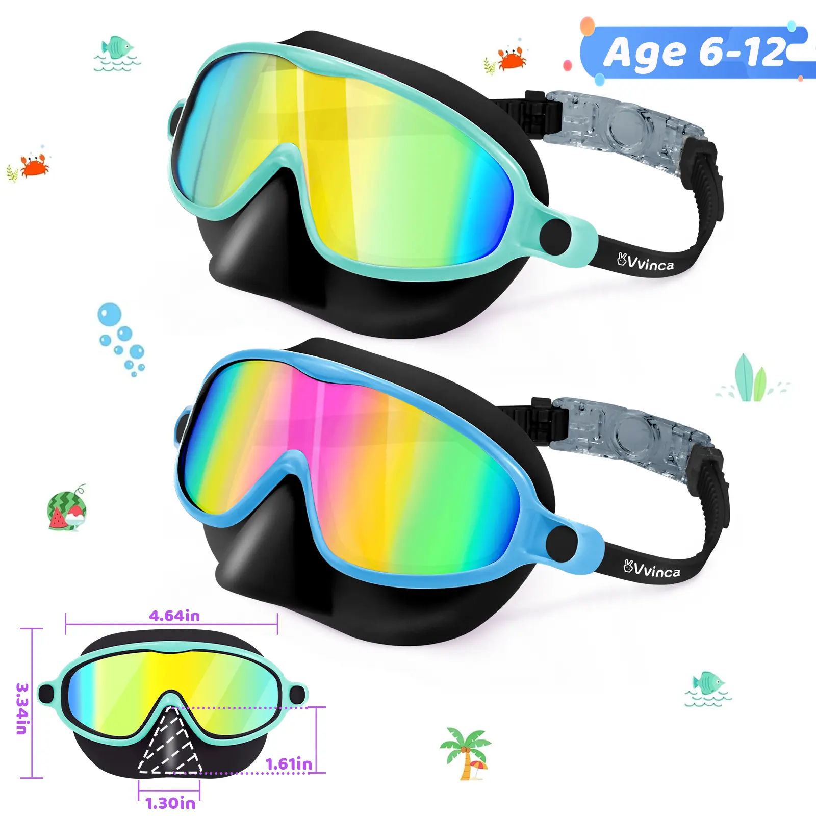 🔥summer sale 25% OFF 🔥  Swim Goggles 2 Pcs with Nose Cover for Ages 3-12+ Kids,Youth,UV Protection Anti-Fog Wide View Anti-Shattered Lens for Boys and Girls - Safety anti-uv swim glass anti-fog swimming goggles for Lake,Beach, Summer Party