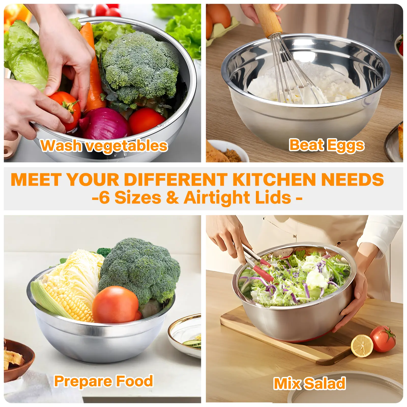 Mixing Bowl Set, 6 PCS Stainless Steel Mixing Bowls with 3 Grinder Attachments, Kitchen Food Organizer Nesting Mixing Bowls Tableware Durable Multifunction