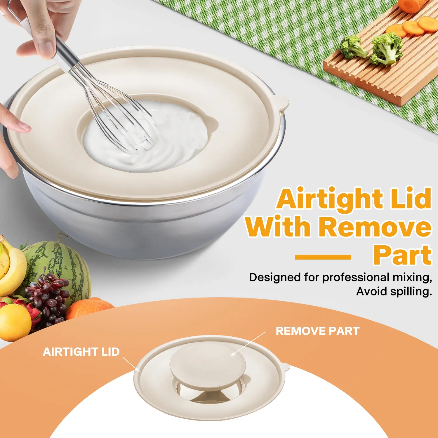 Mixing Bowl Set, 6 PCS Stainless Steel Mixing Bowls with 3 Grinder Attachments, Kitchen Food Organizer Nesting Mixing Bowls Tableware Durable Multifunction