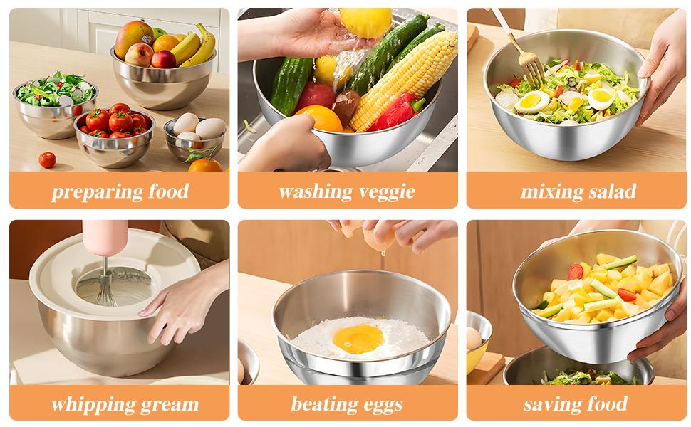Mixing Bowl Set, 6 PCS Stainless Steel Mixing Bowls with 3 Grinder Attachments, Kitchen Food Organizer Nesting Mixing Bowls Tableware Durable Multifunction