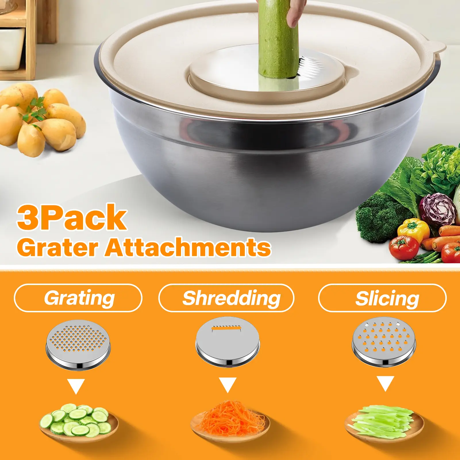 Mixing Bowl Set, 6 PCS Stainless Steel Mixing Bowls with 3 Grinder Attachments, Kitchen Food Organizer Nesting Mixing Bowls Tableware Durable Multifunction