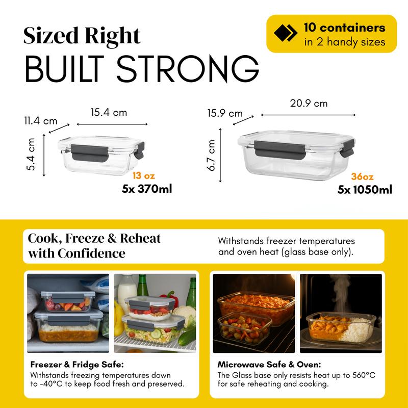 Glass Meal Prep Containers with Airtight Lids – Set of 10 – Reusable Glass Food Storage Containers with Lids – Leakproof, Freezer, Oven, Microwave & Dishwasher Safe