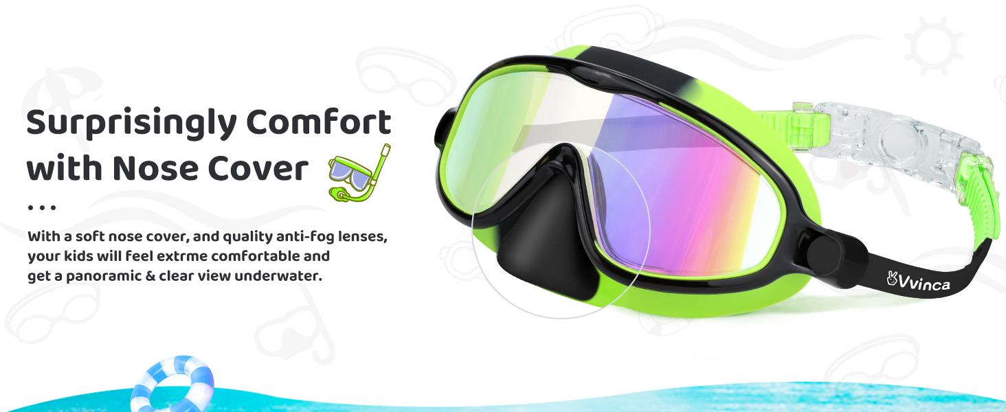 [Summervibes]Vvinca Swim Goggles 2 Pcs with Nose Cover for Ages 3-12+ Kids,Youth,UV Protection Anti-Fog Wide View Anti-Shattered Lens for Boys and Girls - Safety anti-uv swim glass anti-fog swimming goggles for Lake,Beach, Summer Party
