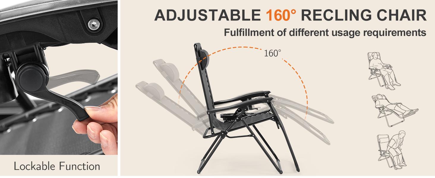 Outdoor Zero Gravity Chairs, Set of 2 Portable Recliner Beach Camping Patio Outdoor Folding Lounge Chair with Cup Holder Trays and Adjustable Pillow