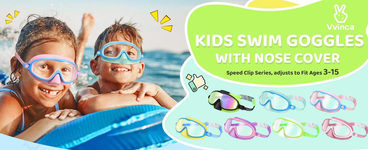 [Summervibes]Vvinca Swim Goggles 2 Pcs with Nose Cover for Ages 3-12+ Kids,Youth,UV Protection Anti-Fog Wide View Anti-Shattered Lens for Boys and Girls - Safety anti-uv swim glass anti-fog swimming goggles for Lake,Beach, Summer Party