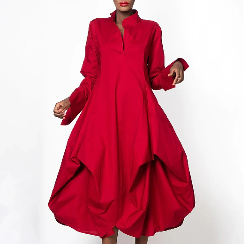 2025 New Spring Women's Elegant Party Evening Midi Dresses Long Sleeves Stand Collar Pleated Cocktail Prom Red Dress