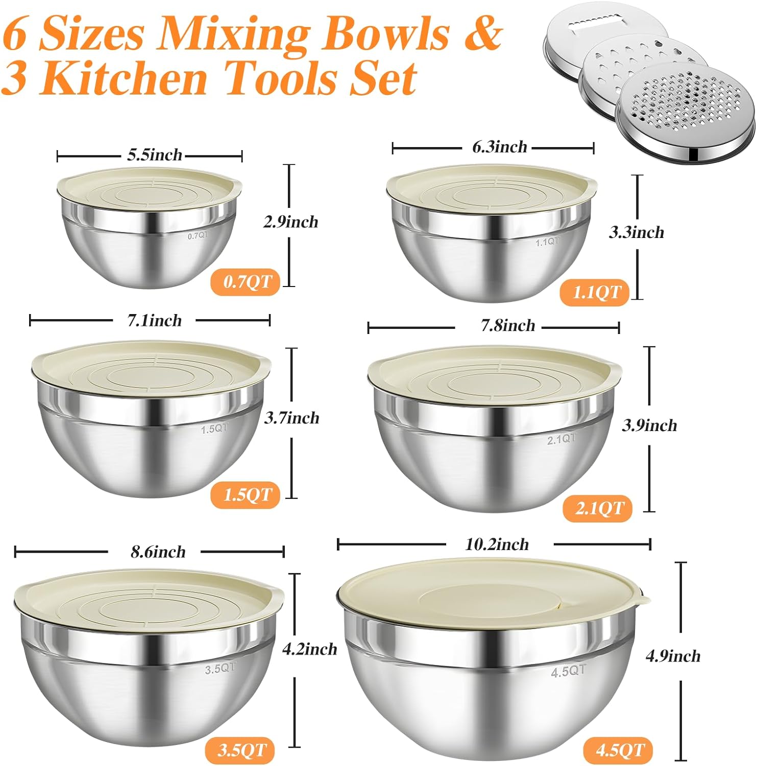 Mixing Bowl Set, 6 PCS Stainless Steel Mixing Bowls with 3 Grinder Attachments, Kitchen Food Organizer Nesting Mixing Bowls Tableware Durable Multifunction