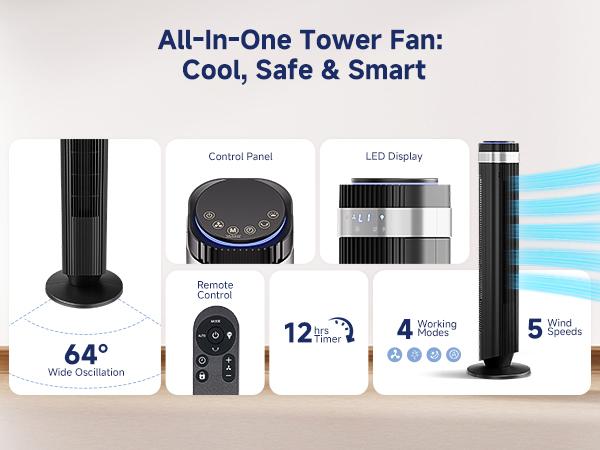 【New】Tower Fan for Bedroom, 28dB Silent Standing Fan with 12H Timer, Smart Auto Mode, 64° Oscillating Bladeless Cooling Fan for Home Office 【New】Tower Fan for Bedroom, 28dB Silent Standing Fan with 12H Timer, Smart Auto Mode, 64° Oscillating Bladeless Cooling Fan for Home Office