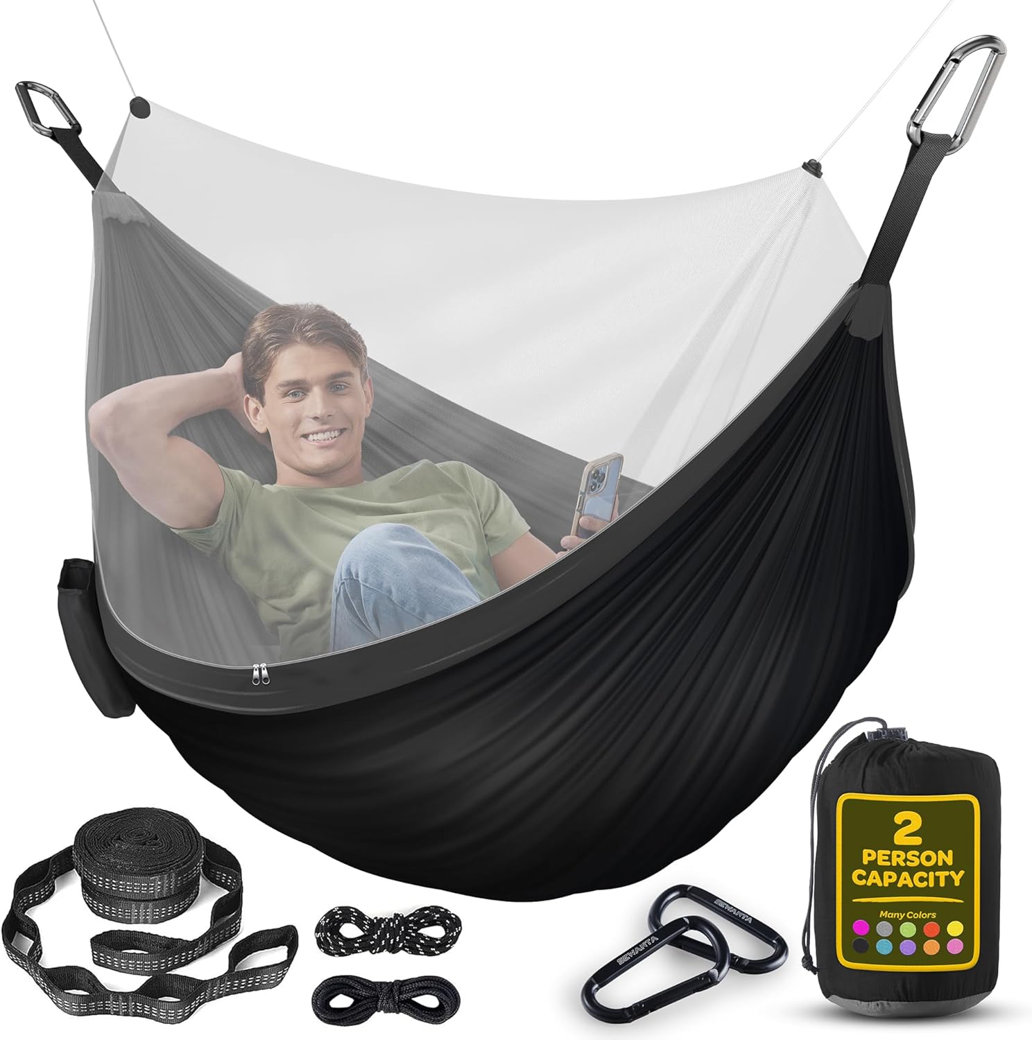 Durable Hammock 400 lb Capacity, Nylon Camping Hammock Chair - Double or Single Sizes w/Tree Straps and Attached Carry Bag - Portable for Travel/Backpacking/Beach/Backyard (Medium, Blue & Light Blue)