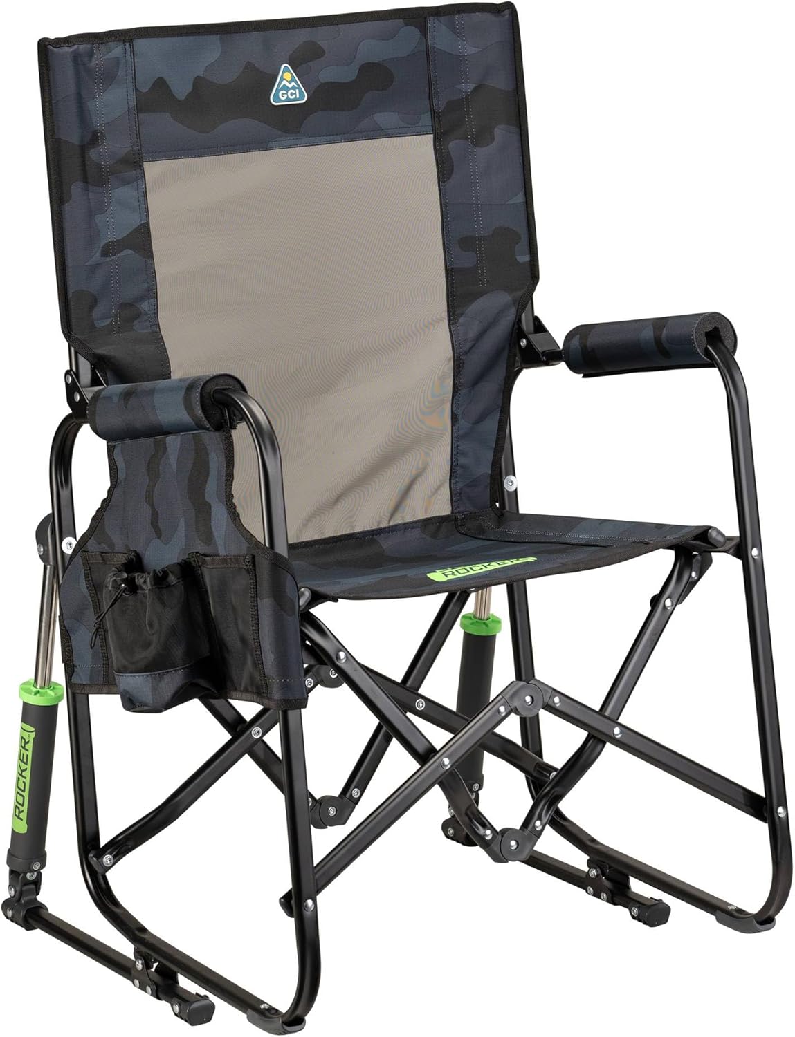 GCI Outdoor Freestyle Rocker Camping Chair | Portable Folding Rocking Chair with Solid, Durable Armrests, Drink Holder & Comfortable Backrest — Indigo Blue