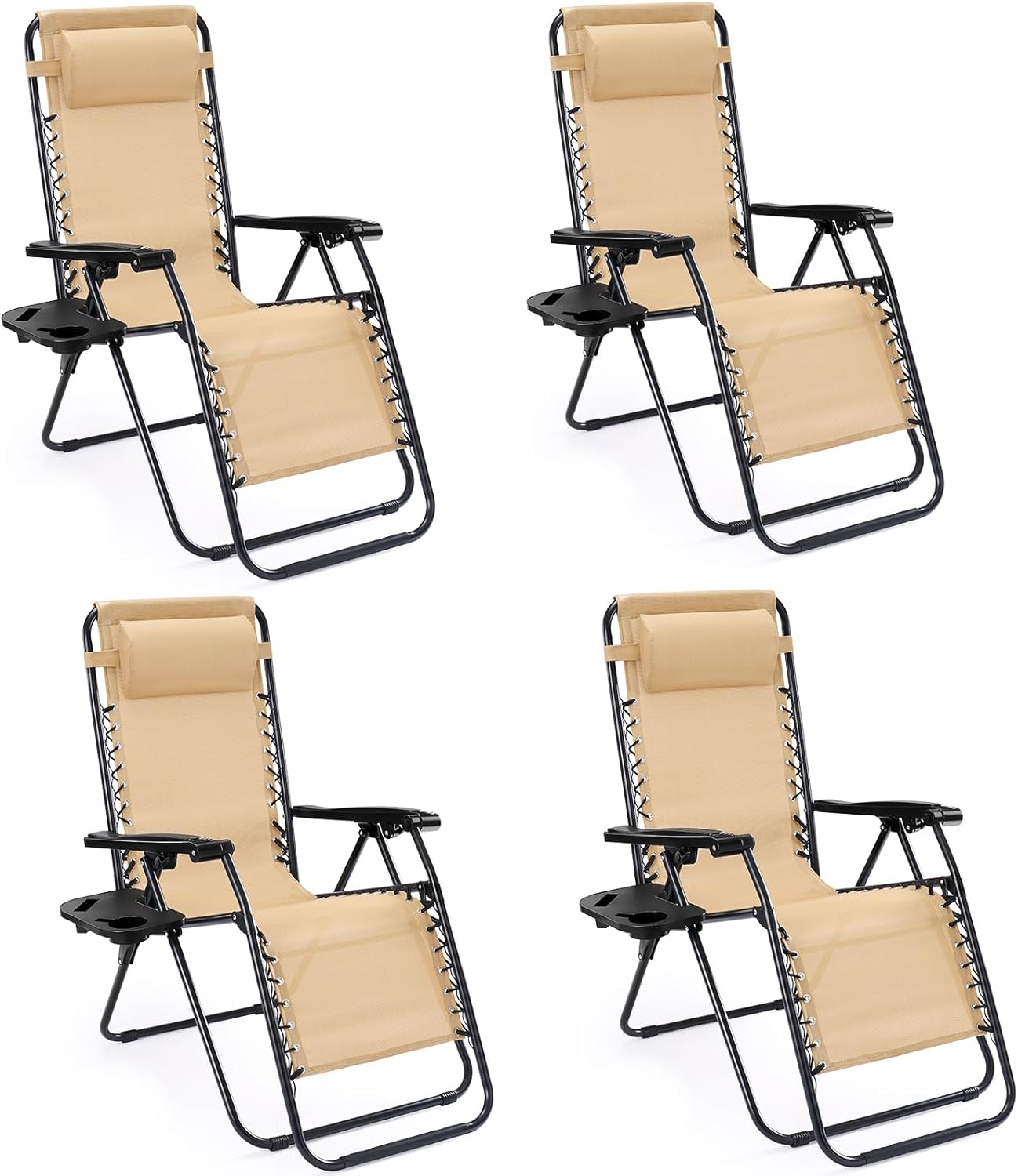 Sweetcrispy Zero Gravity Chairs, Set of 2 Portable Recliner Beach Camping Patio Outdoor Folding Lounge Chair with Cup Holder Trays and Adjustable Pillow for Poolside, Garden, Backyard, Lawn (Black)