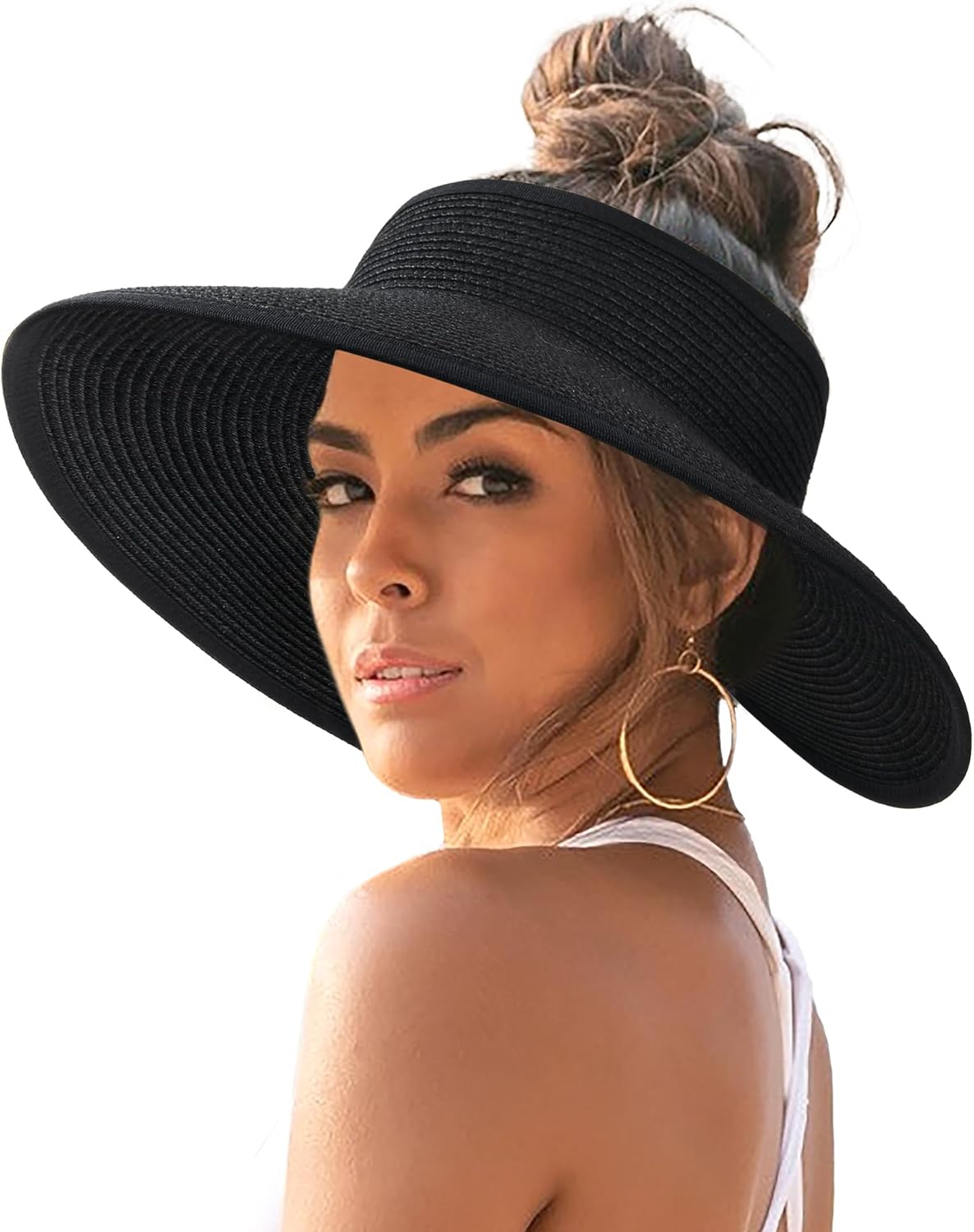 FURTALK Sun Hats for Women Wide Brim Beach Hat Straw Visor Ponytail Summer UV Packable Foldable Beach Vacation Essentials