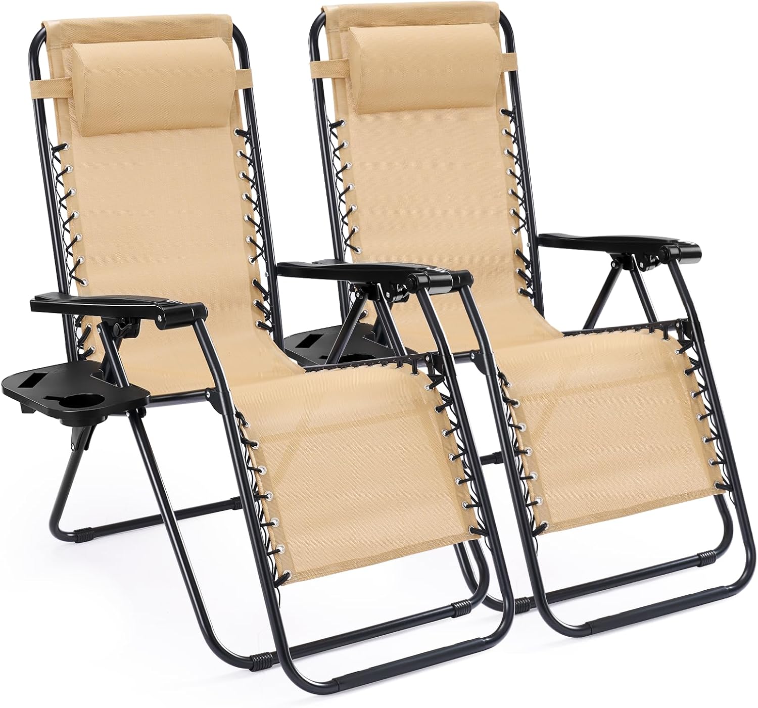 Sweetcrispy Zero Gravity Chairs, Set of 2 Portable Recliner Beach Camping Patio Outdoor Folding Lounge Chair with Cup Holder Trays and Adjustable Pillow for Poolside, Garden, Backyard, Lawn (Black)