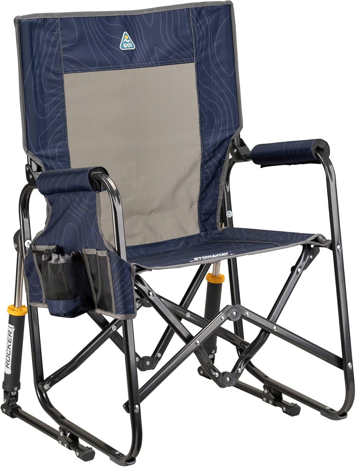 GCI Outdoor Freestyle Rocker Camping Chair | Portable Folding Rocking Chair with Solid, Durable Armrests, Drink Holder & Comfortable Backrest — Indigo Blue