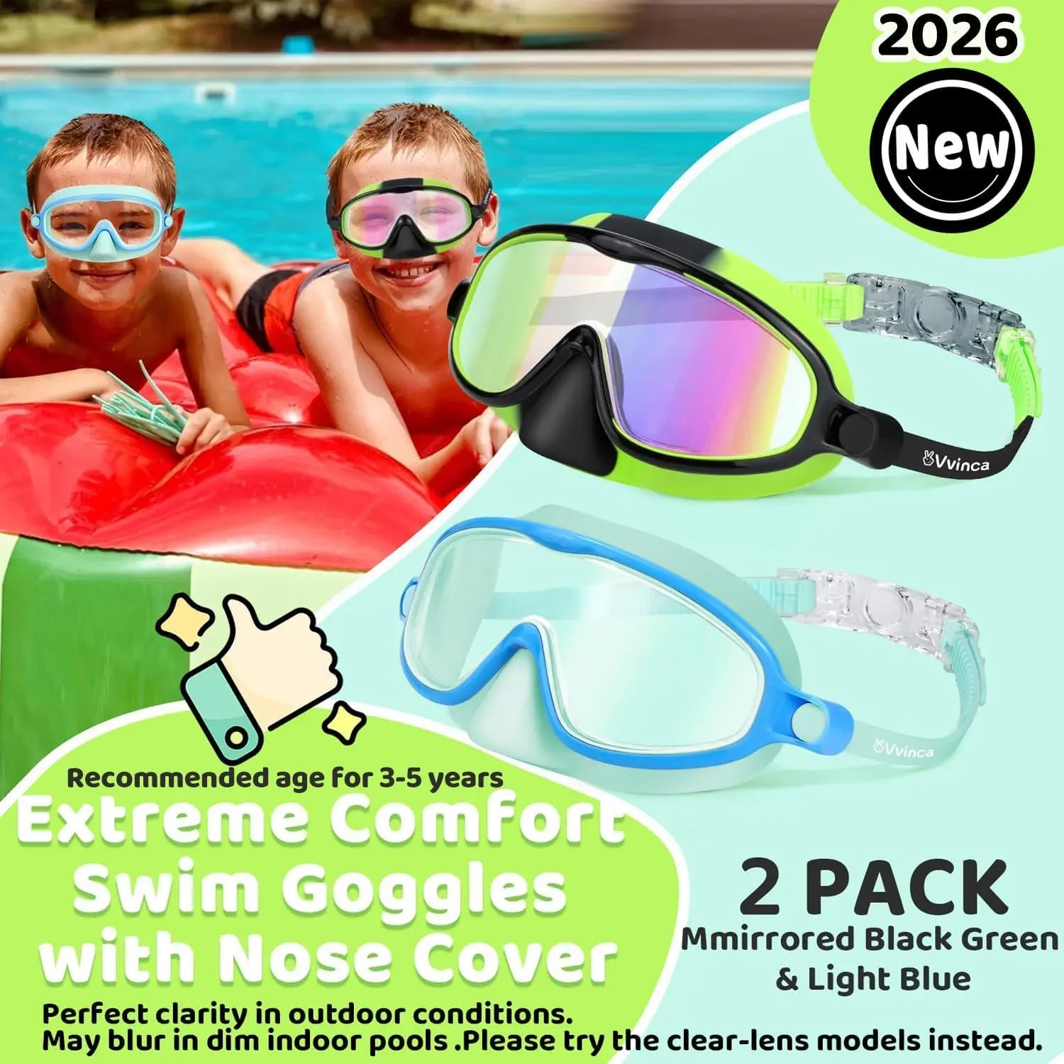 🔥summer sale 25% OFF 🔥  Swim Goggles 2 Pcs with Nose Cover for Ages 3-12+ Kids,Youth,UV Protection Anti-Fog Wide View Anti-Shattered Lens for Boys and Girls - Safety anti-uv swim glass anti-fog swimming goggles for Lake,Beach, Summer Party