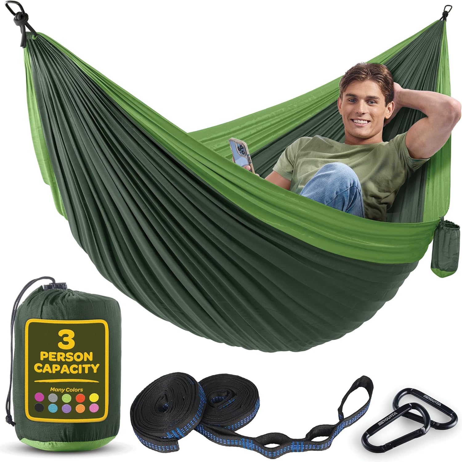 Durable Hammock 400 lb Capacity, Nylon Camping Hammock Chair - Double or Single Sizes w/Tree Straps and Attached Carry Bag - Portable for Travel/Backpacking/Beach/Backyard (Medium, Blue & Light Blue)
