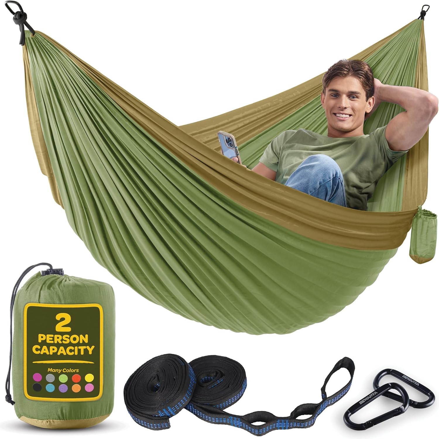 Durable Hammock 400 lb Capacity, Nylon Camping Hammock Chair - Double or Single Sizes w/Tree Straps and Attached Carry Bag - Portable for Travel/Backpacking/Beach/Backyard (Medium, Blue & Light Blue)