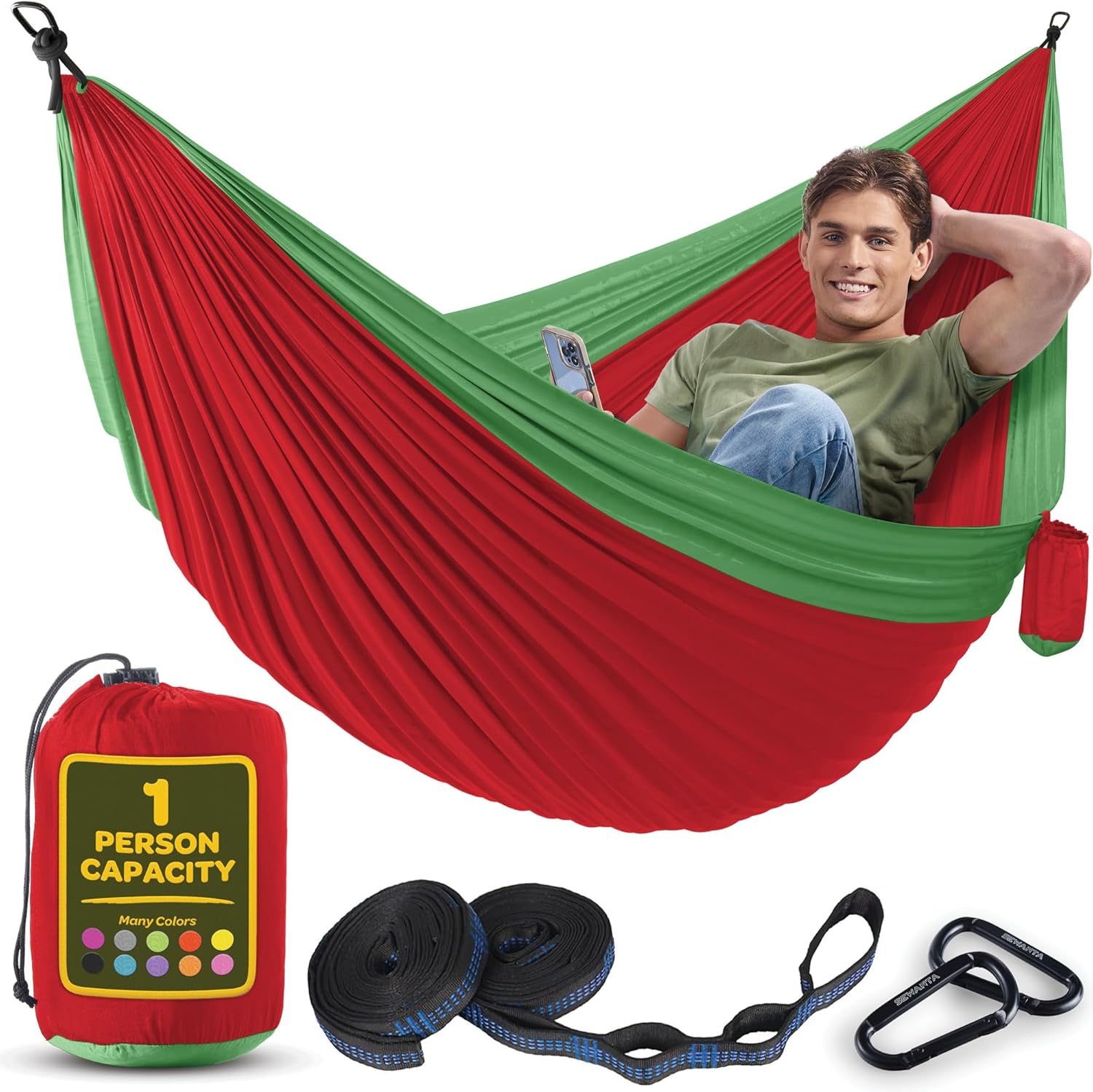 Durable Hammock 400 lb Capacity, Nylon Camping Hammock Chair - Double or Single Sizes w/Tree Straps and Attached Carry Bag - Portable for Travel/Backpacking/Beach/Backyard (Medium, Blue & Light Blue)