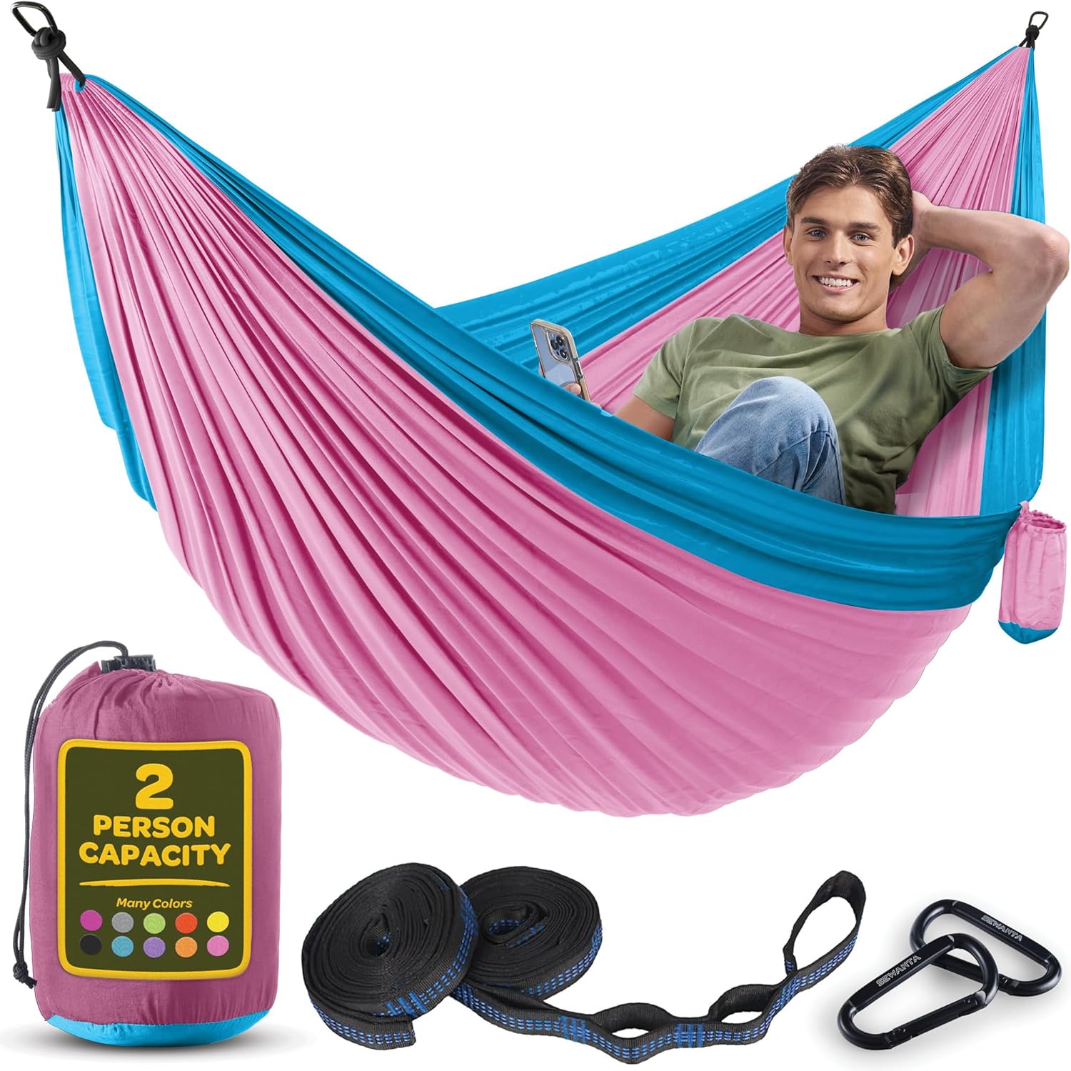 Durable Hammock 400 lb Capacity, Nylon Camping Hammock Chair - Double or Single Sizes w/Tree Straps and Attached Carry Bag - Portable for Travel/Backpacking/Beach/Backyard (Medium, Blue & Light Blue)