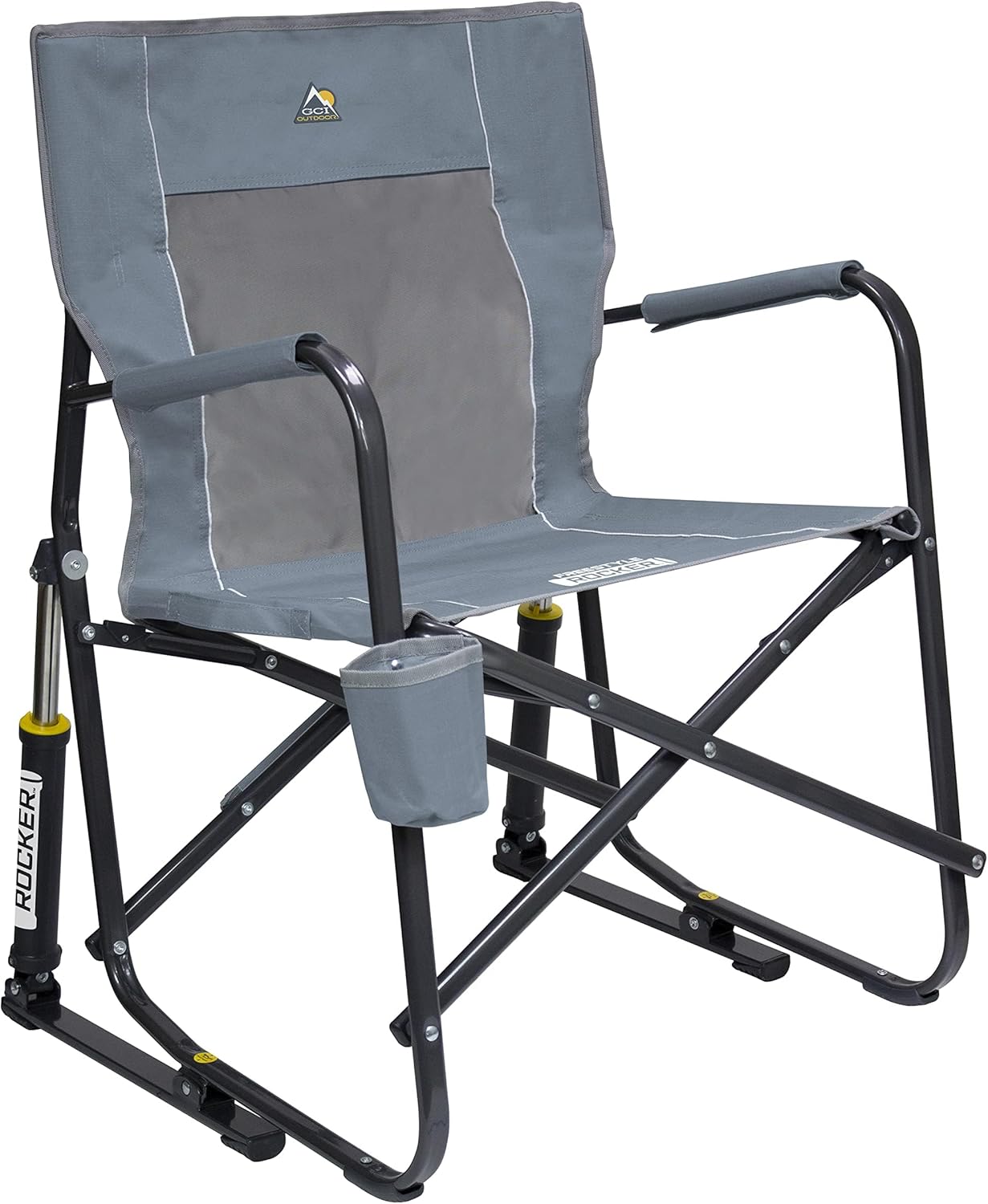 GCI Outdoor Freestyle Rocker Camping Chair | Portable Folding Rocking Chair with Solid, Durable Armrests, Drink Holder & Comfortable Backrest — Indigo Blue