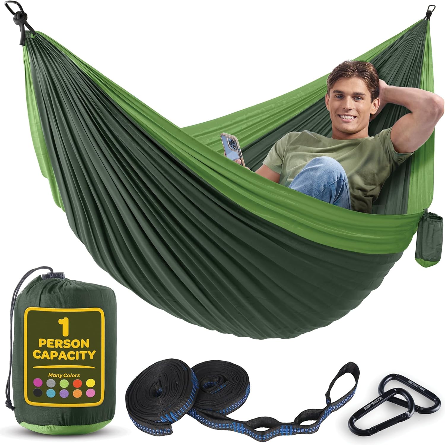 Durable Hammock 400 lb Capacity, Nylon Camping Hammock Chair - Double or Single Sizes w/Tree Straps and Attached Carry Bag - Portable for Travel/Backpacking/Beach/Backyard (Medium, Blue & Light Blue)