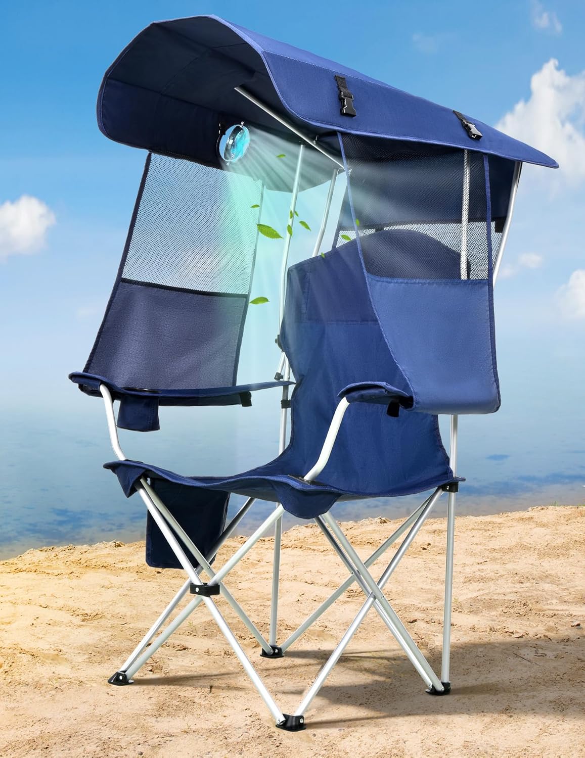 Beach Chair with Canopy Shade, Folding Camping Chair with Canopy with Cup Holder, Side Pocket for Camp, Beach, Tailgates, Fishing - Support 330 LBS