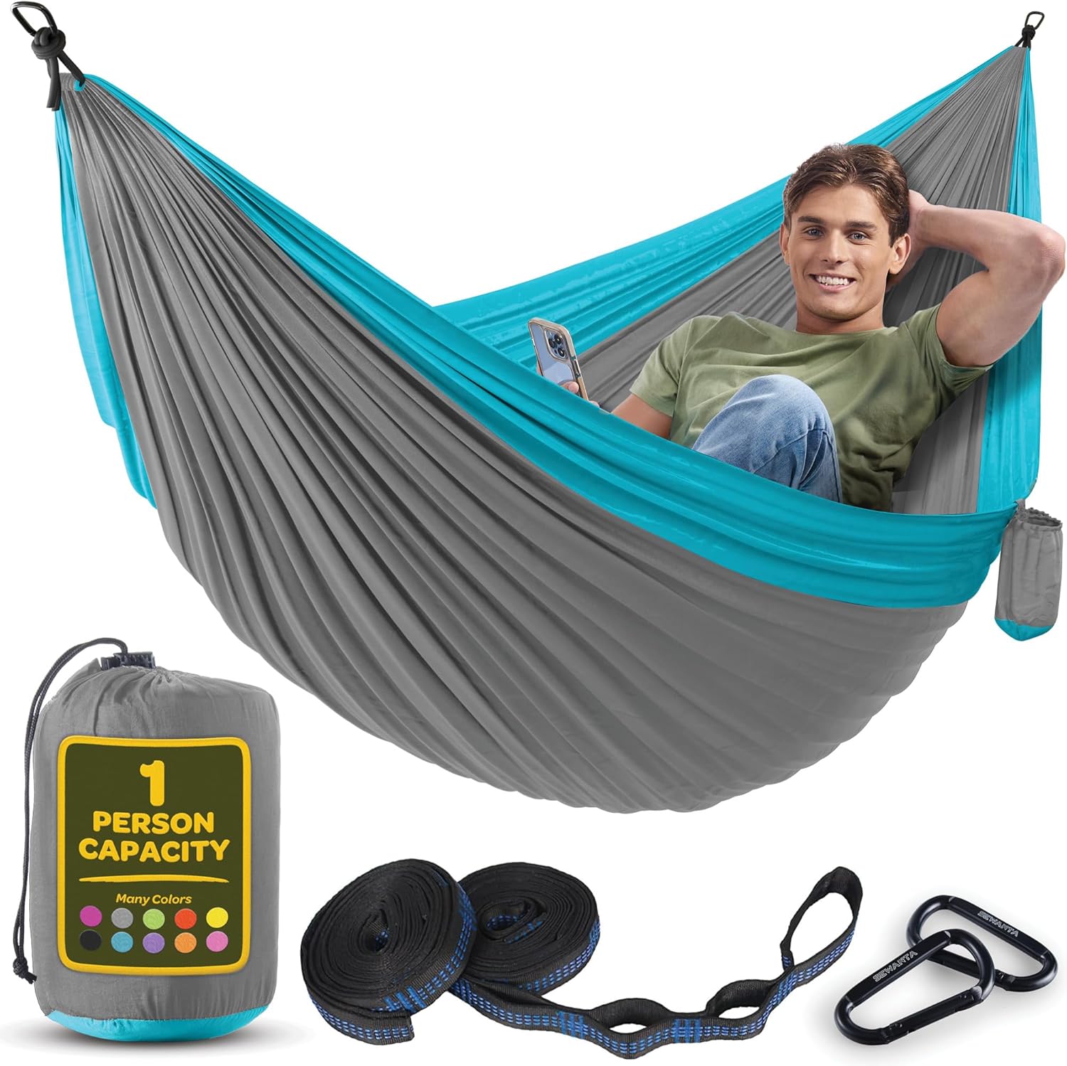 Durable Hammock 400 lb Capacity, Nylon Camping Hammock Chair - Double or Single Sizes w/Tree Straps and Attached Carry Bag - Portable for Travel/Backpacking/Beach/Backyard (Medium, Blue & Light Blue)