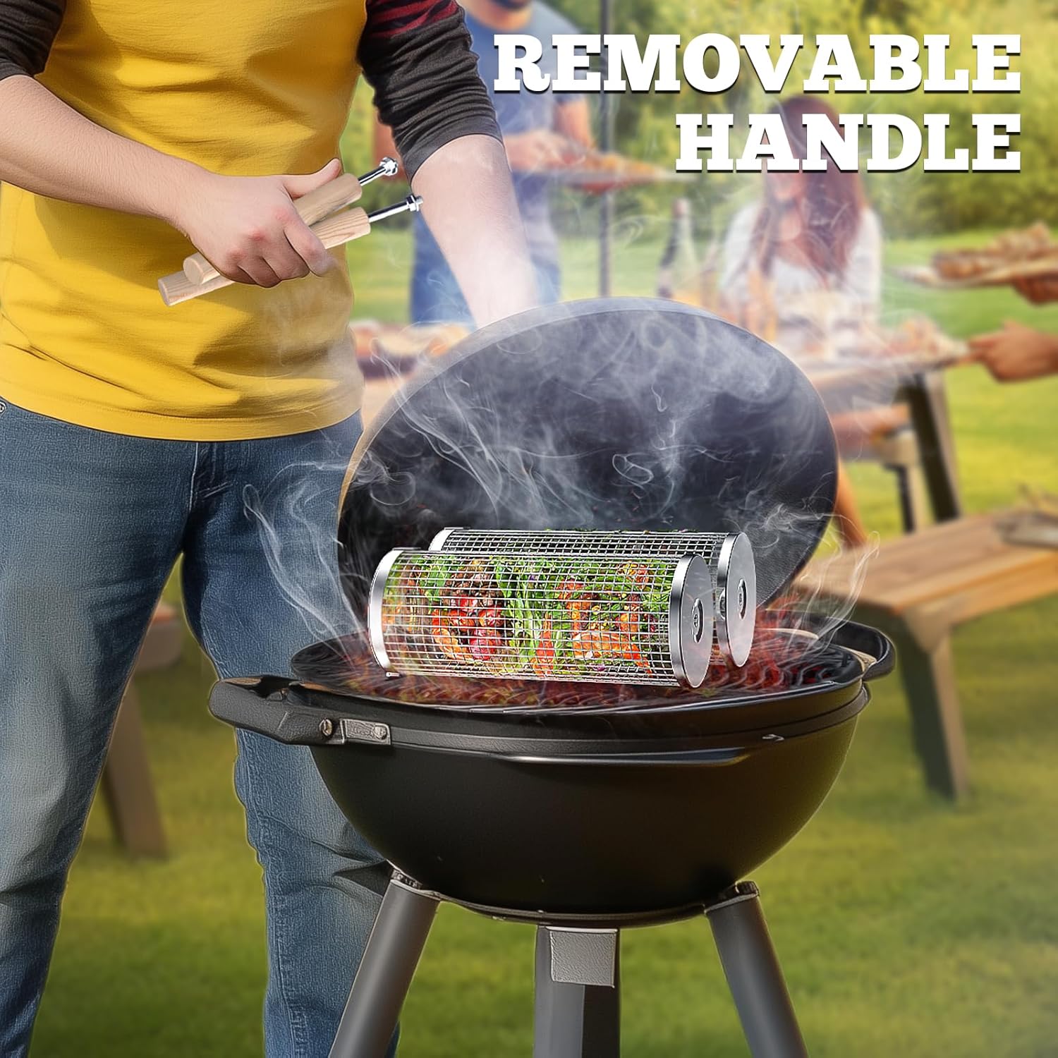 Rolling Grill Basket, Removable Wooden Handle, 304 Stainless Steel, Nesting BBQ Tools, Smoker Grilling Accessories for Vegetable, Outdoor Cooking Camping, Birthday Gifts for Men Dad Husband