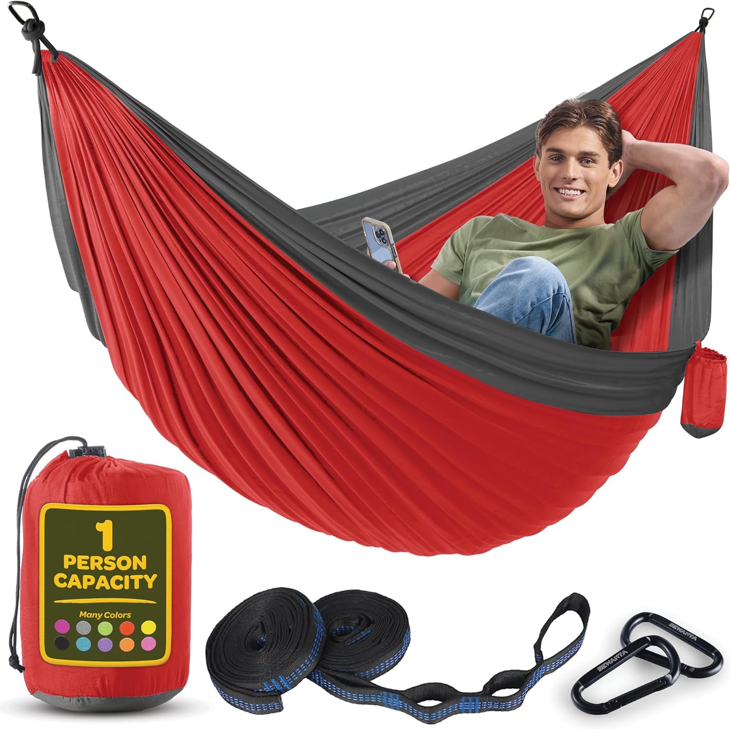 Durable Hammock 400 lb Capacity, Nylon Camping Hammock Chair - Double or Single Sizes w/Tree Straps and Attached Carry Bag - Portable for Travel/Backpacking/Beach/Backyard (Medium, Blue & Light Blue)