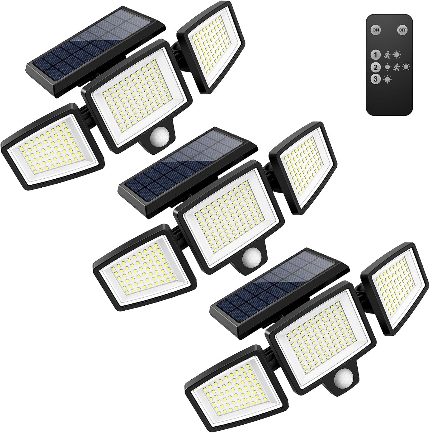 Tuffenough Solar Outdoor Lights 2500LM 210 LED Security Lights with Remote Control,3 Heads Motion Sensor Lights, IP65 Waterproof,270° Wide Angle Flood Wall Lights with 3 Modes(2 Packs)