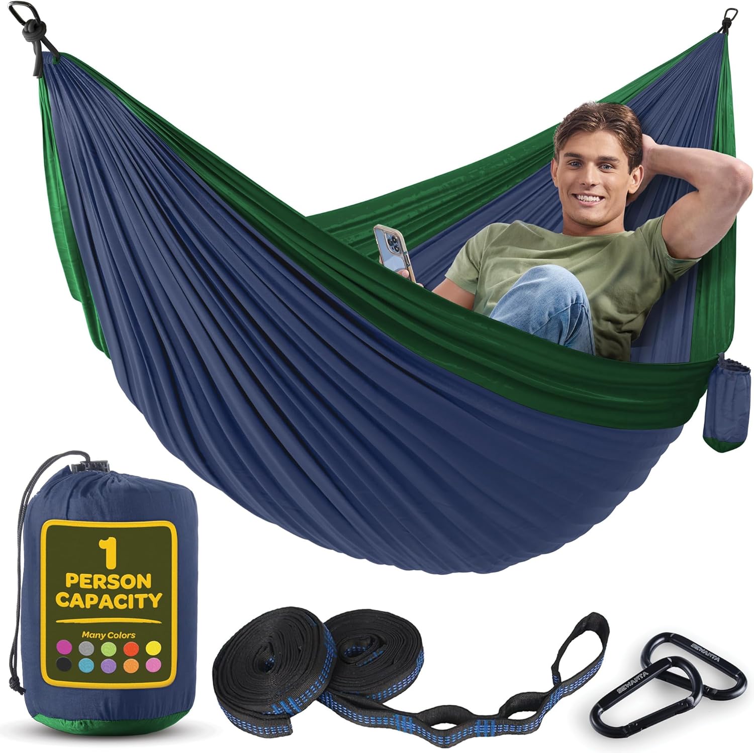 Durable Hammock 400 lb Capacity, Nylon Camping Hammock Chair - Double or Single Sizes w/Tree Straps and Attached Carry Bag - Portable for Travel/Backpacking/Beach/Backyard (Medium, Blue & Light Blue)