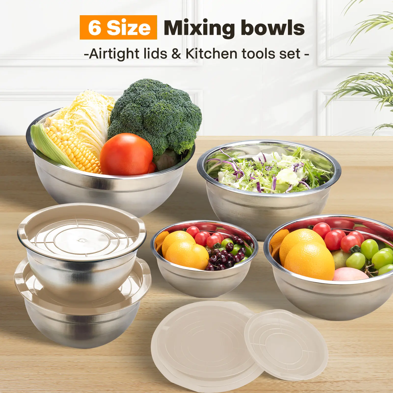 Mixing Bowl Set, 6 PCS Stainless Steel Mixing Bowls with 3 Grinder Attachments, Kitchen Food Organizer Nesting Mixing Bowls Tableware Durable Multifunction