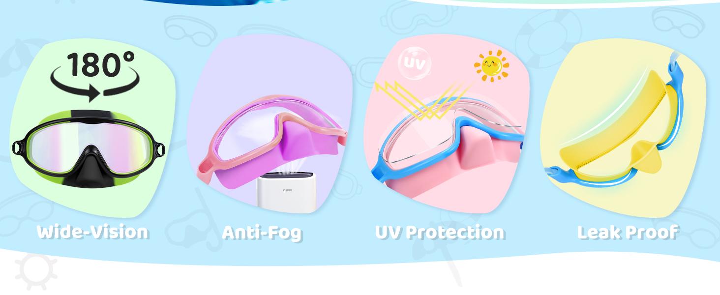 [Summervibes]Vvinca Swim Goggles 2 Pcs with Nose Cover for Ages 3-12+ Kids,Youth,UV Protection Anti-Fog Wide View Anti-Shattered Lens for Boys and Girls - Safety anti-uv swim glass anti-fog swimming goggles for Lake,Beach, Summer Party