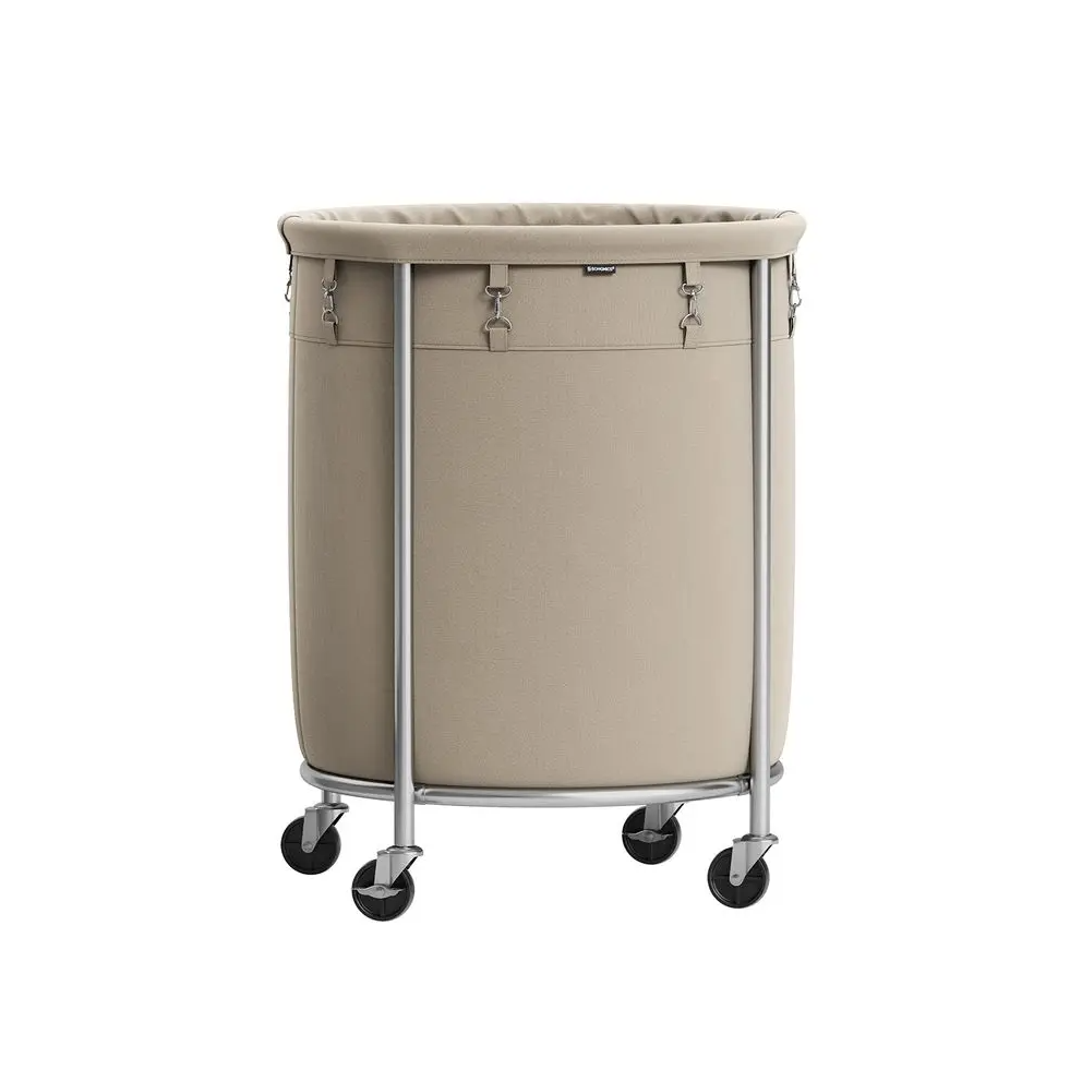 29-Gallon (110 L) Laundry Basket with Wheels, Rolling Round Heavy-Duty Laundry Hamper Cart with Steel Frame and Removable Bag, 2 Locking Wheels, Cream White and Metallic Silver