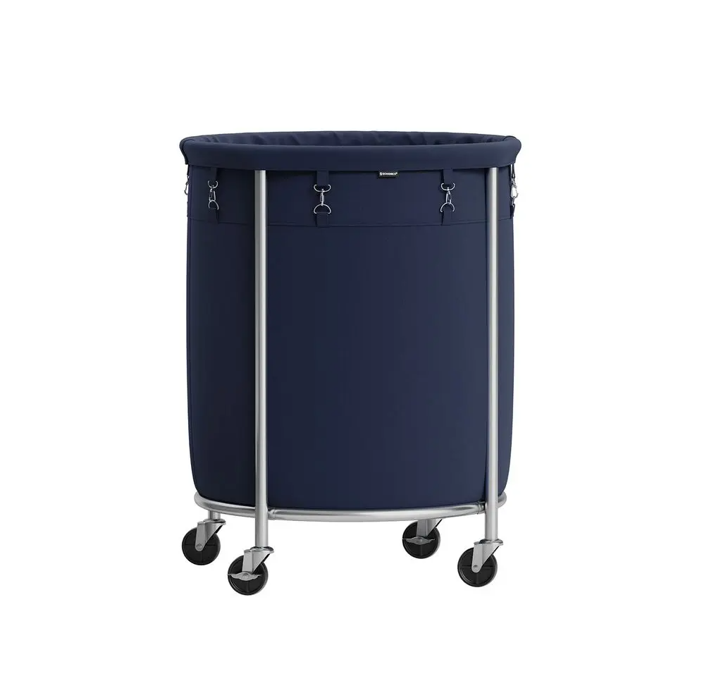 29-Gallon (110 L) Laundry Basket with Wheels, Rolling Round Heavy-Duty Laundry Hamper Cart with Steel Frame and Removable Bag, 2 Locking Wheels, Cream White and Metallic Silver