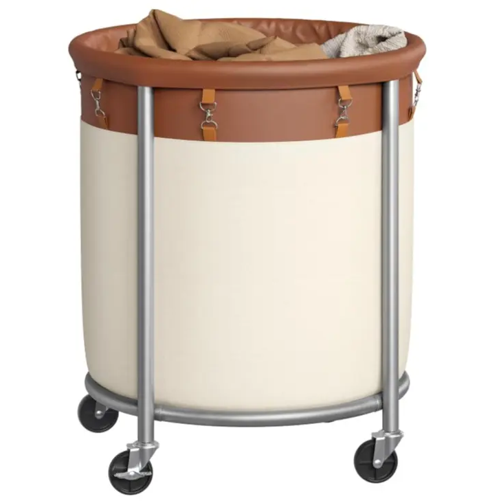 29-Gallon (110 L) Laundry Basket with Wheels, Rolling Round Heavy-Duty Laundry Hamper Cart with Steel Frame and Removable Bag, 2 Locking Wheels, Cream White and Metallic Silver
