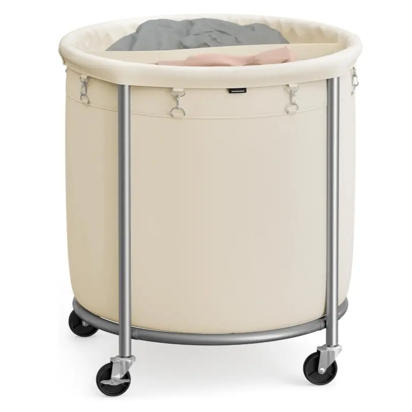 29-Gallon (110 L) Laundry Basket with Wheels, Rolling Round Heavy-Duty Laundry Hamper Cart with Steel Frame and Removable Bag, 2 Locking Wheels, Cream White and Metallic Silver