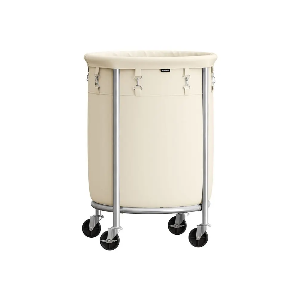 29-Gallon (110 L) Laundry Basket with Wheels, Rolling Round Heavy-Duty Laundry Hamper Cart with Steel Frame and Removable Bag, 2 Locking Wheels, Cream White and Metallic Silver
