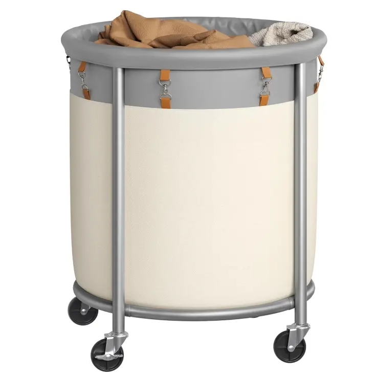 29-Gallon (110 L) Laundry Basket with Wheels, Rolling Round Heavy-Duty Laundry Hamper Cart with Steel Frame and Removable Bag, 2 Locking Wheels, Cream White and Metallic Silver
