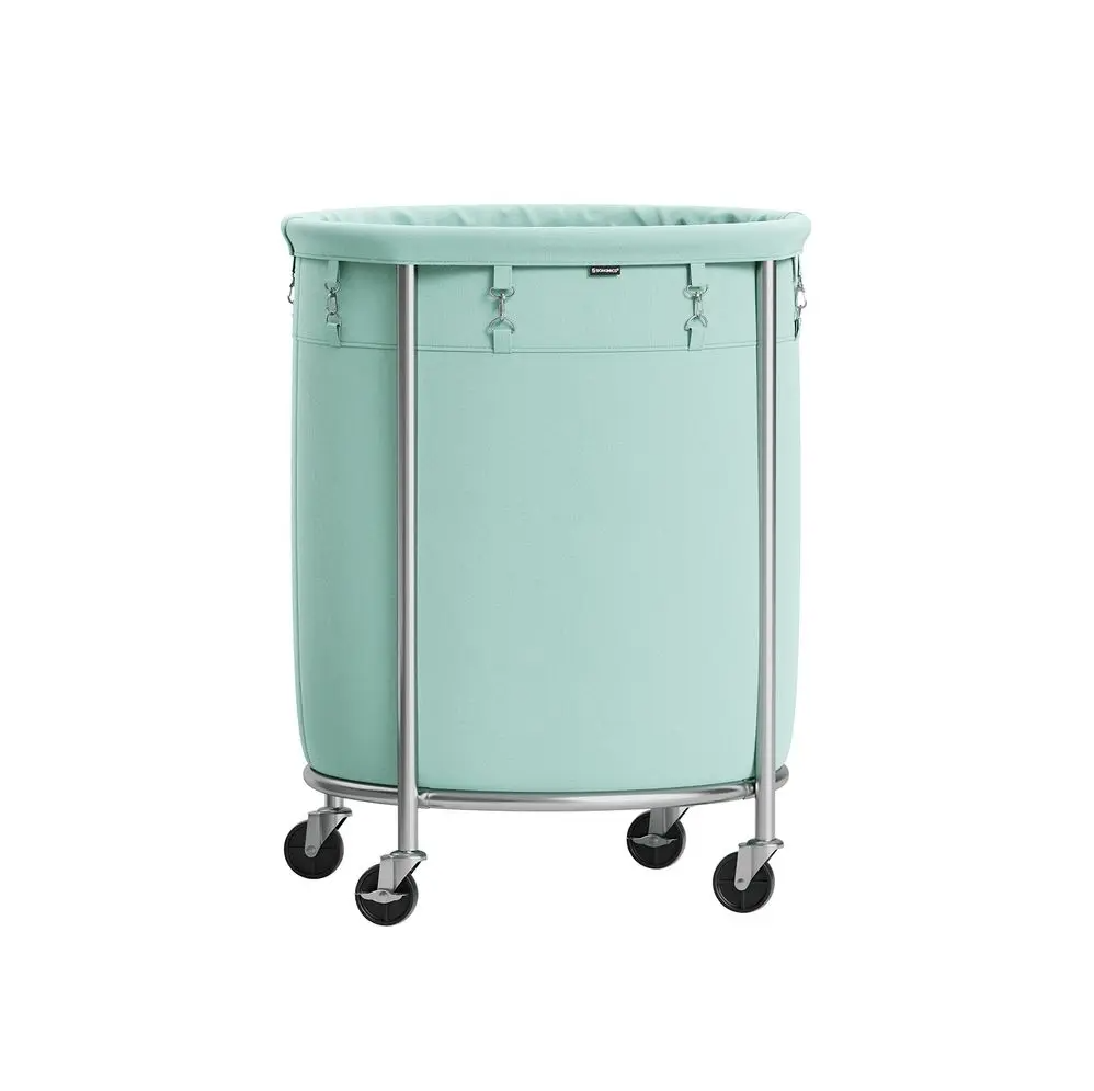 29-Gallon (110 L) Laundry Basket with Wheels, Rolling Round Heavy-Duty Laundry Hamper Cart with Steel Frame and Removable Bag, 2 Locking Wheels, Cream White and Metallic Silver