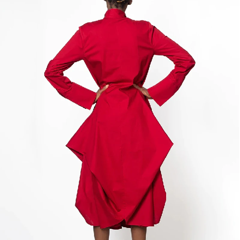2025 New Spring Women's Elegant Party Evening Midi Dresses Long Sleeves Stand Collar Pleated Cocktail Prom Red Dress