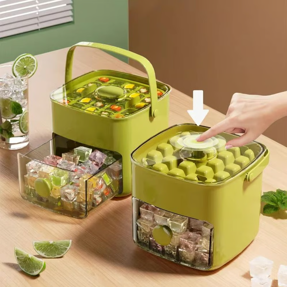 48 Cube Ice Maker with Easy Press Lid - Double-deck portable design includes silicone trays, durable plastic construction for DIY frozen food and beverages, ideal for summer beverages, Countertop Ice Maker, Beverage Cooling, Modern Kitchen Gadgets