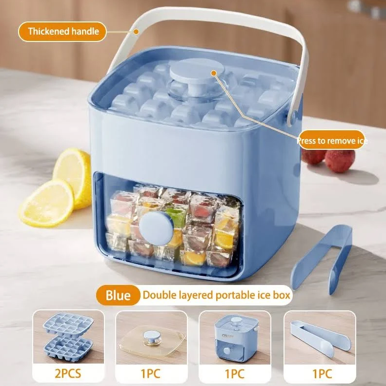 ❄️48 Cube Ice Maker with Easy Press Lid - Double-deck portable design includes silicone trays, durable plastic construction for DIY frozen food and beverages,💎 ideal for summer beverages, Countertop Ice Maker, Beverage Cooling, Modern Kitchen Gadgets