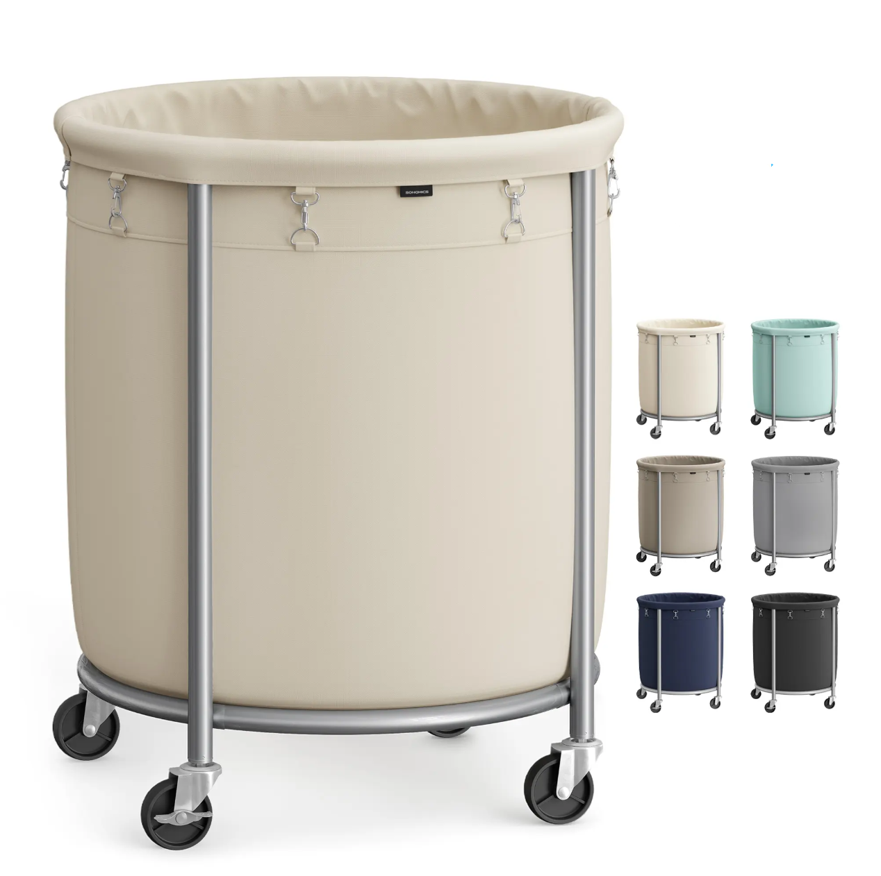 29-Gallon (110 L) Laundry Basket with Wheels, Rolling Round Heavy-Duty Laundry Hamper Cart with Steel Frame and Removable Bag, 2 Locking Wheels, Cream White and Metallic Silver