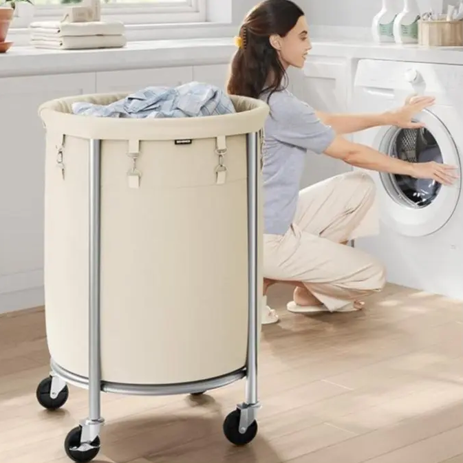 29-Gallon (110 L) Laundry Basket with Wheels, Rolling Round Heavy-Duty Laundry Hamper Cart with Steel Frame and Removable Bag, 2 Locking Wheels, Cream White and Metallic Silver