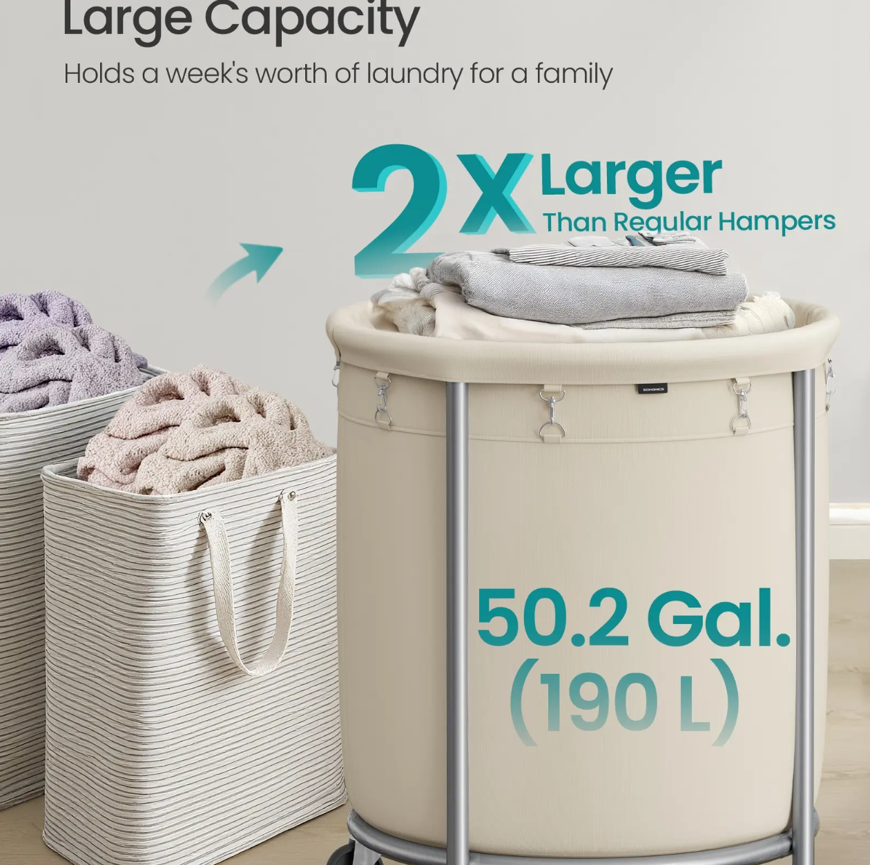 29-Gallon (110 L) Laundry Basket with Wheels, Rolling Round Heavy-Duty Laundry Hamper Cart with Steel Frame and Removable Bag, 2 Locking Wheels, Cream White and Metallic Silver