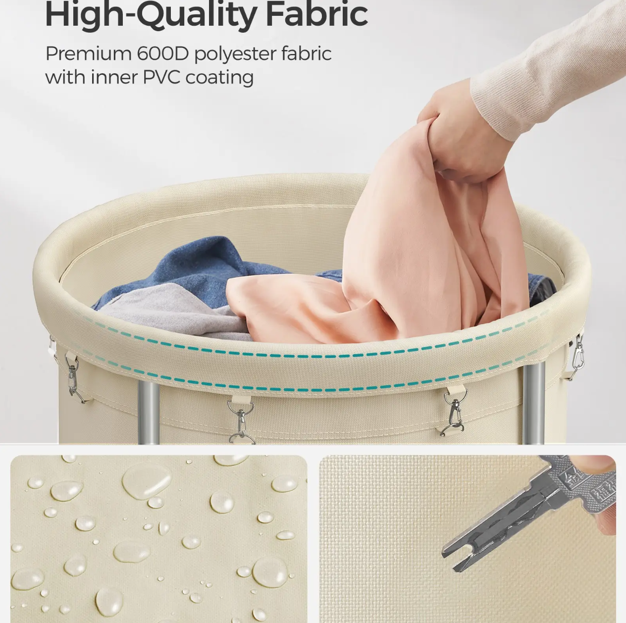 29-Gallon (110 L) Laundry Basket with Wheels, Rolling Round Heavy-Duty Laundry Hamper Cart with Steel Frame and Removable Bag, 2 Locking Wheels, Cream White and Metallic Silver