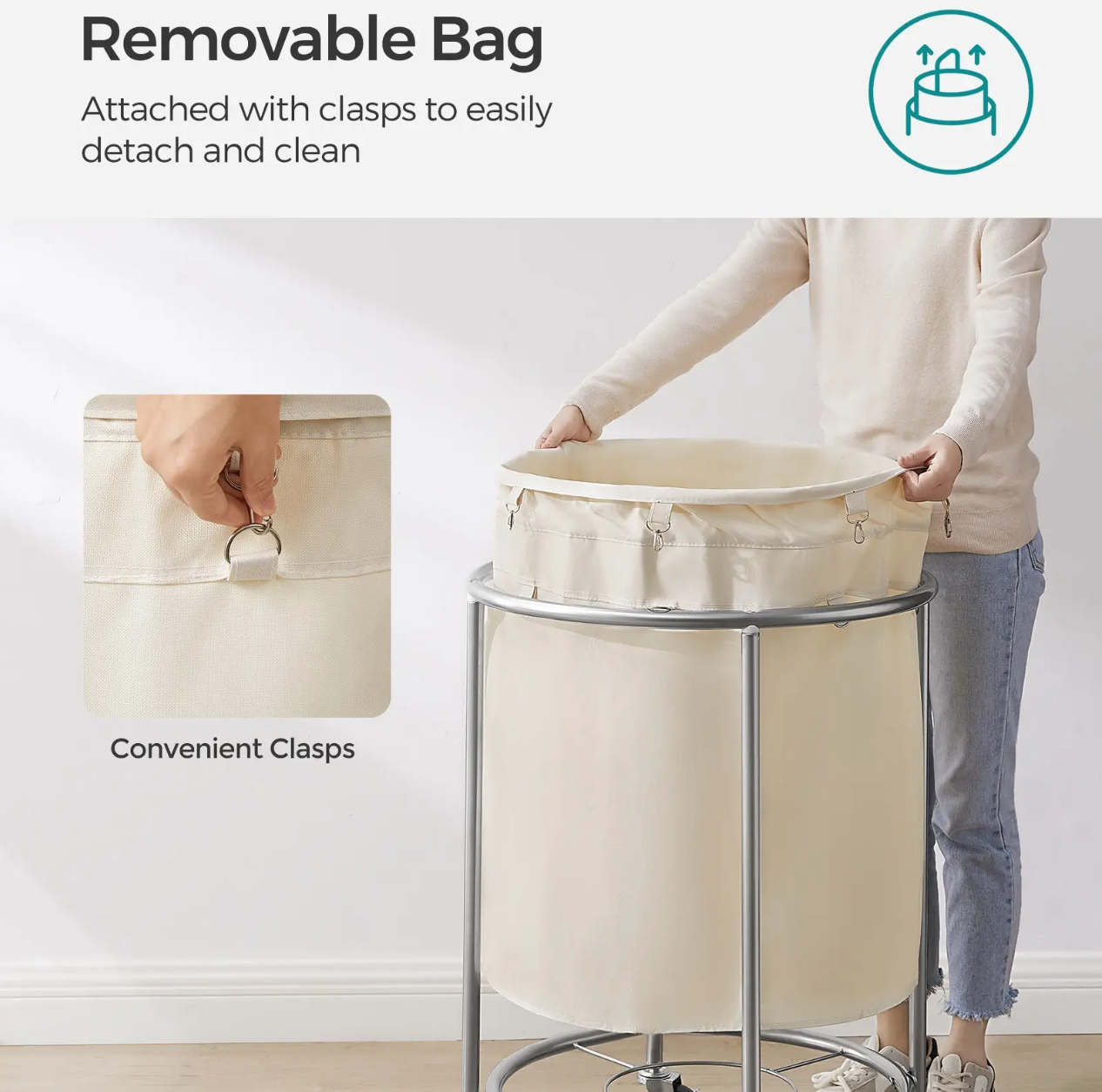 29-Gallon (110 L) Laundry Basket with Wheels, Rolling Round Heavy-Duty Laundry Hamper Cart with Steel Frame and Removable Bag, 2 Locking Wheels, Cream White and Metallic Silver