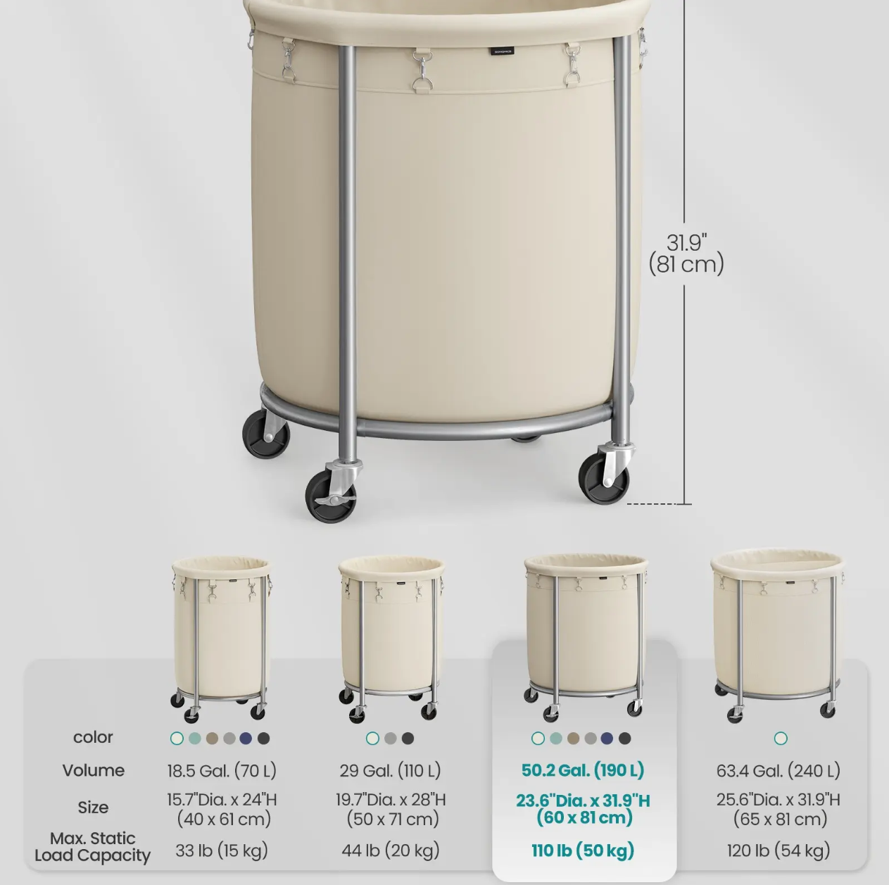 29-Gallon (110 L) Laundry Basket with Wheels, Rolling Round Heavy-Duty Laundry Hamper Cart with Steel Frame and Removable Bag, 2 Locking Wheels, Cream White and Metallic Silver