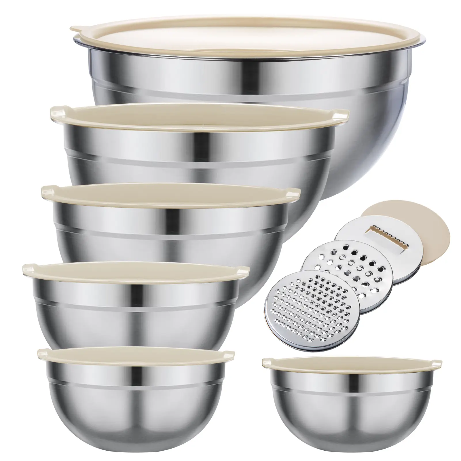 Mixing Bowl Set, 6 PCS Stainless Steel Mixing Bowls with 3 Grinder Attachments, Kitchen Food Organizer Nesting Mixing Bowls Tableware Durable Multifunction